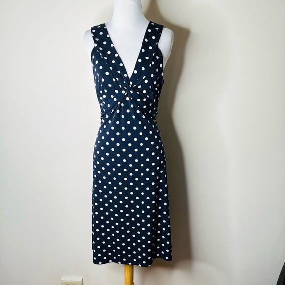 LOFT Navy Polka Dot Tie Back Midi Dress - Picture 1 of 7